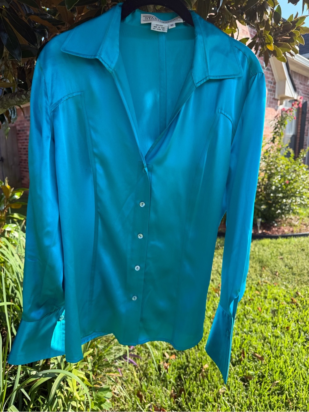 Starington 100% Silk Turquoise Button Front Blouse Size 10